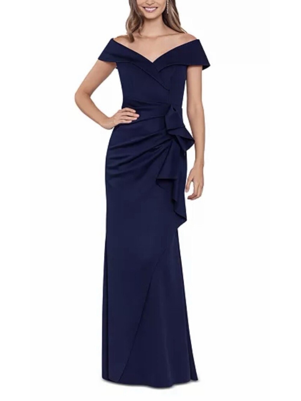 New Xscape Scuba Off-The-Shoulder Gown In Navy Size 12 $270